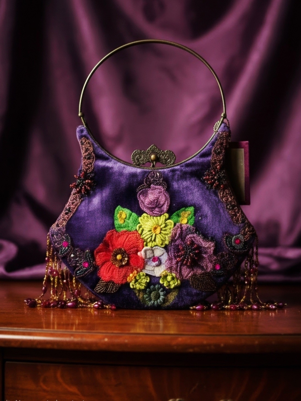 Vintage Fringe Velvet Purse Purple Velvet Beaded Fringe Floral Applique